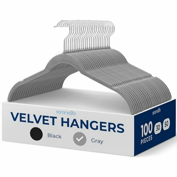 SereneLife 100-Piece Shirt Hangers, Premium Non-Slip Velvet Hangers Pack with 360° Swivel Hooks, Slim Space-Saving Design for Tops, Jackets, Blouses, & Strappy Dresses, Supports 8 lbs (Grey)