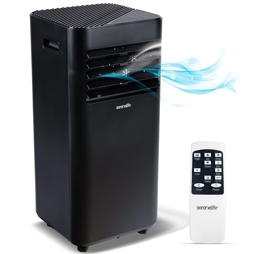 SereneLife 10000 BTU Portable Air Conditioner - 3-in-1 Portable AC Unit for Bedroom Up to 300 Sq.Ft, 24H Timer, Remote Control, Sleep Mode, Wheels, with Window Mount Kit, Black