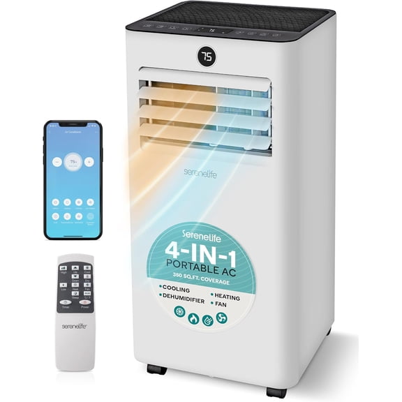 SereneLife 10000 BTU Portable Air Conditioner & Heater with WiFi, 4-in-1 Cooling, Heating, Fan & Dehumidifier, Covers 450 Sq Ft, 24-H Timer, for Bedroom, Home & Office, Includes Window Kit & Remote