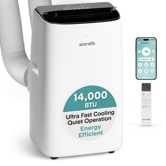 SereneLife 14,000 BTU Dual Hose Portable Inverter Air Conditioner with Cooling & Heating, WiFi, Ultra-Quiet Operation, Energy Efficient, Up to 650 Sq. Ft.
