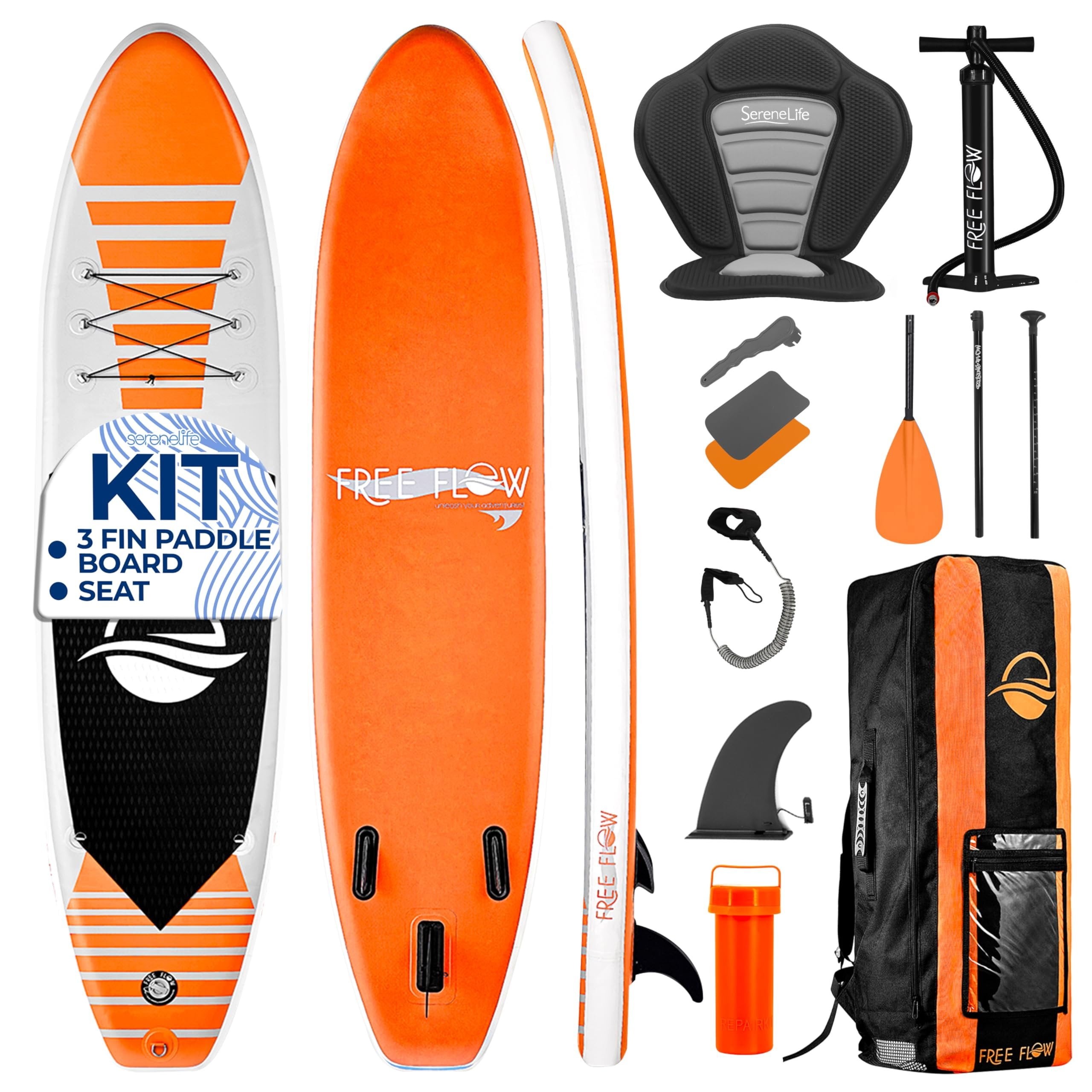 SereneLife 105 Inflatable Stand Up Paddle Board and Detachable Seat  Free Flow SUP Paddleboard Set for Adults, Non-Slip EVA Deck Pad, Marine-Grade Build, 30" Wide Design, 285+ lbs. Capacity