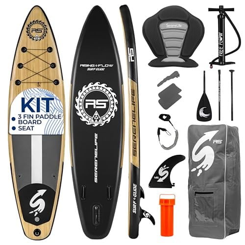 SereneLife 105 Inflatable Stand Up Paddle Board and Detachable Seat Rising Flow SUP Paddleboard Set for Adults, Non-Slip EVA Deck Pad, Marine-Grade Build, 32" Wide Design, 285+ lbs. Capacity
