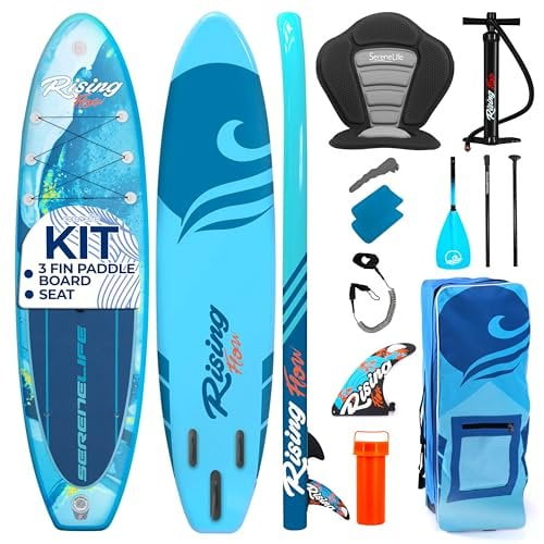 SereneLife 105 Inflatable Stand Up Paddle Board and Detachable Seat  Rising Flow SUP Paddleboard Set for Adults, Non-Slip EVA Deck Pad, Marine-Grade Build, 32" Wide Design, 285+ lbs. Capacity