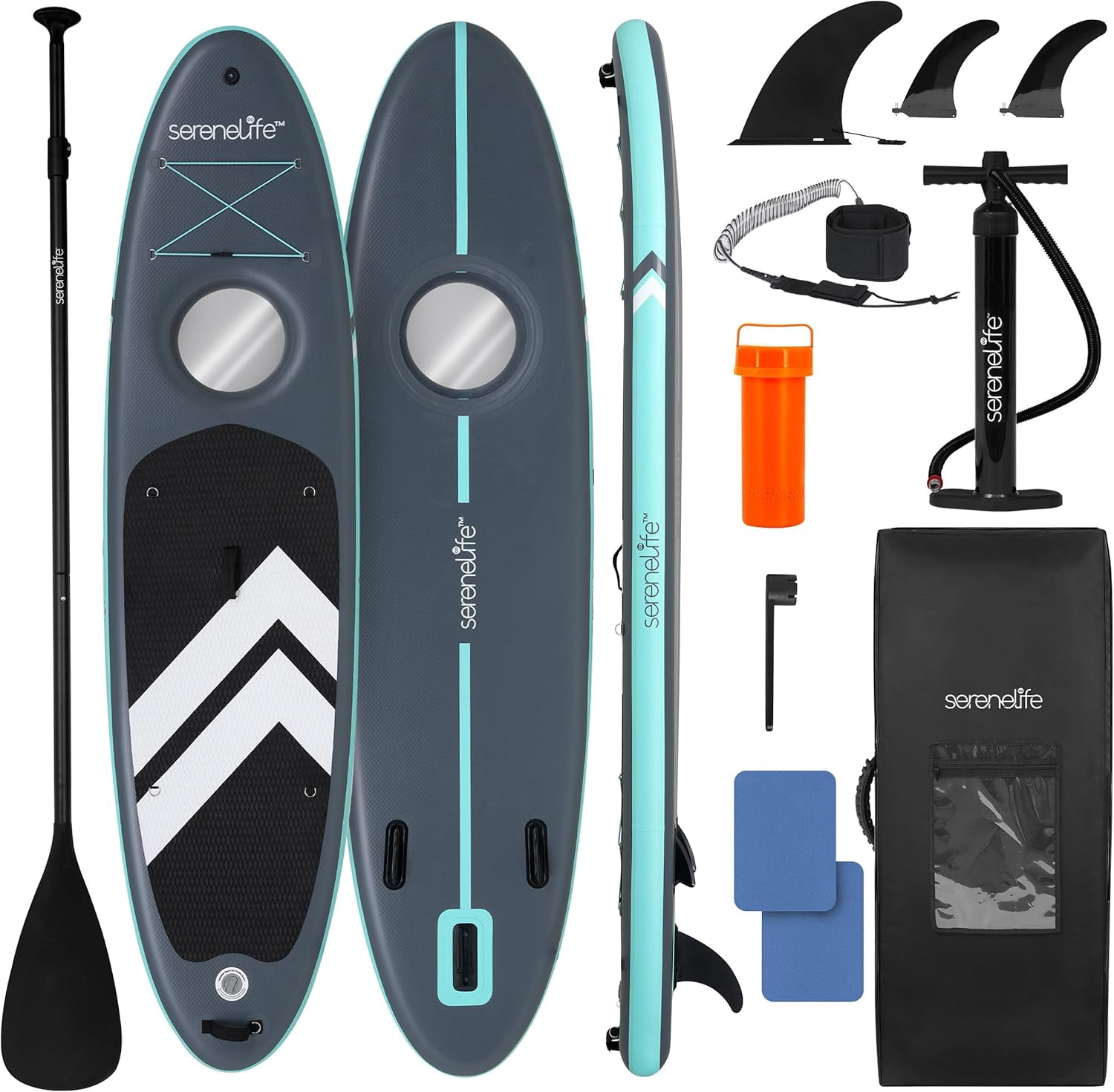 SereneLife 106 Inflatable Stand-Up Paddle Board with Window - 32 Wide Stable Design with Non-Slip EVA Deck Pad, Premium SUP Accessories and GoPro Mount, for Youth and Adults, 350 lbs. Capacity