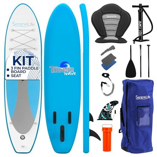SereneLife 11 Inflatable Stand Up Paddle Board with Detachable Seat SUP Paddleboard Set, Rolls Up for Easy Storage and Transport, Non-Slip EVA Deck Pad, 30" Wide Design, 275 lbs. Capacity