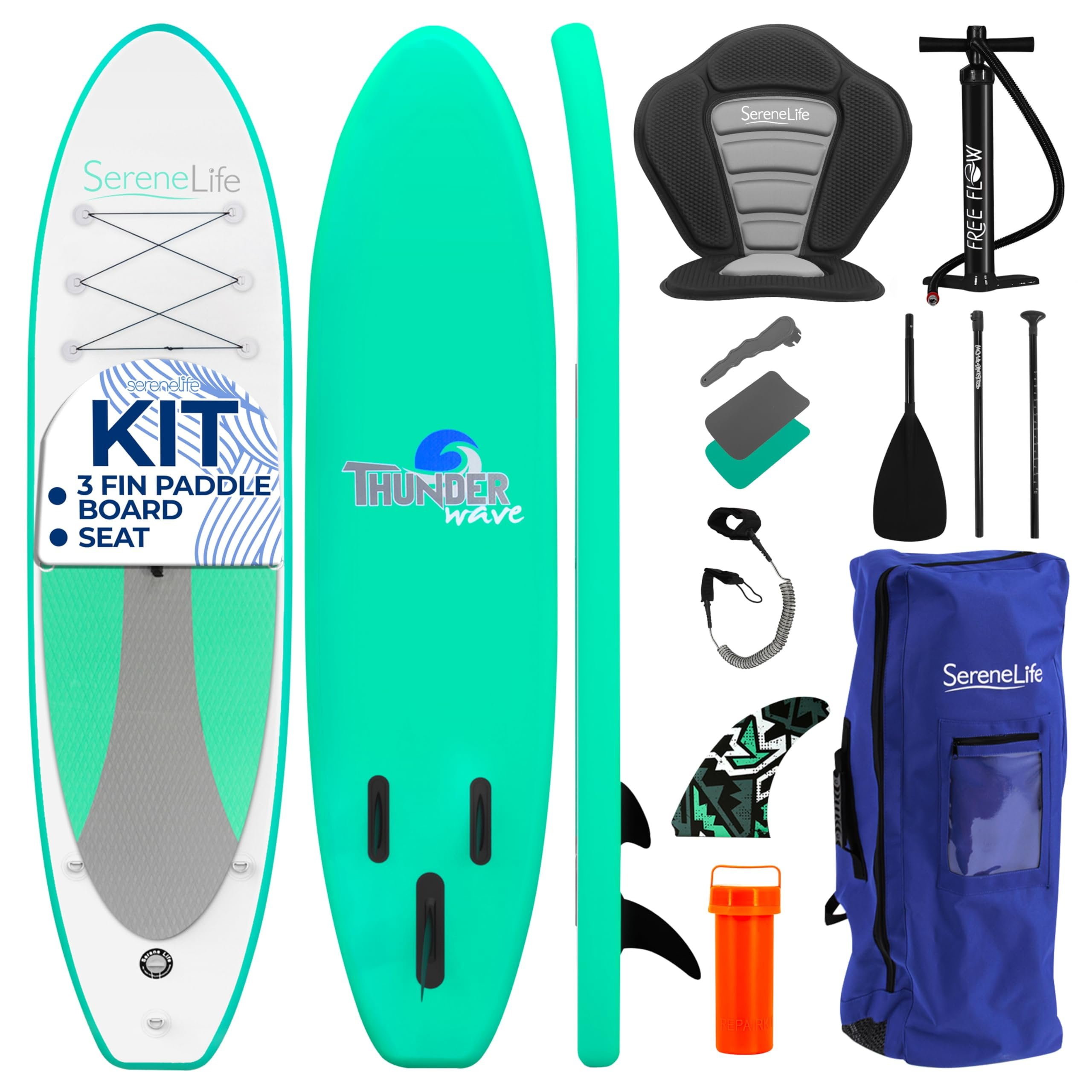 SereneLife 11 Inflatable Stand Up Paddle Board with Detachable Seat  SUP Paddleboard Set, Rolls Up for Easy Storage and Transport, Non-Slip EVA Deck Pad, 32" Wide Design, 275 lbs. Capacity