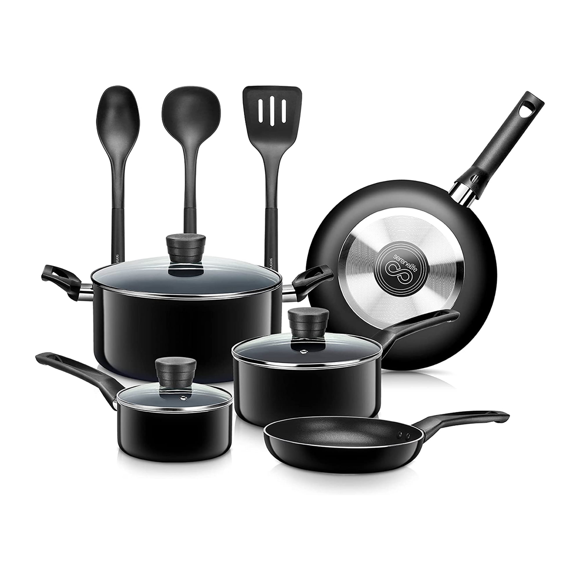 SereneLife 11-Piece Black Non-Stick Aluminum Cookware Set