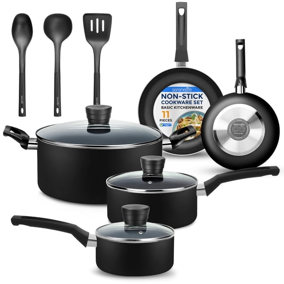 SereneLife 11 Piece Non Stick Pots, Pans, and Utensil Cookware Set, Black