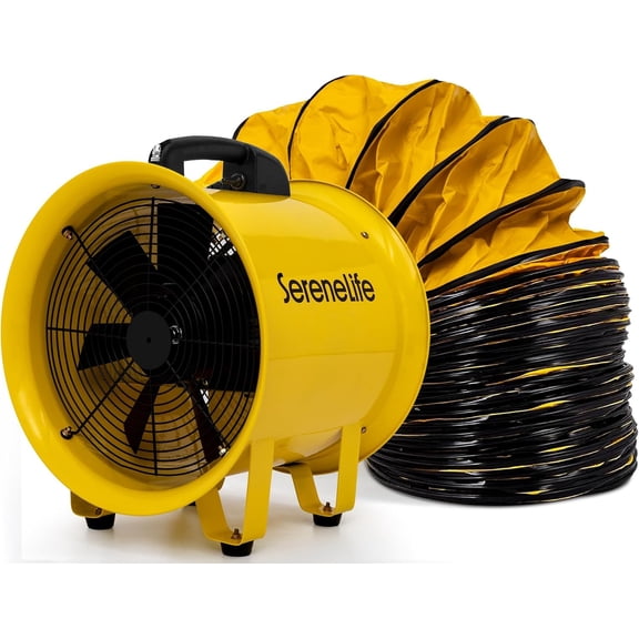 SereneLife 12" Heavy Duty Cylinder Fan  3200 CFM Blower with 25ft PVC Ducting, Industrial Ventilation Exhaust Fan for Warehouses, Workshops, Basements & Odor Removal