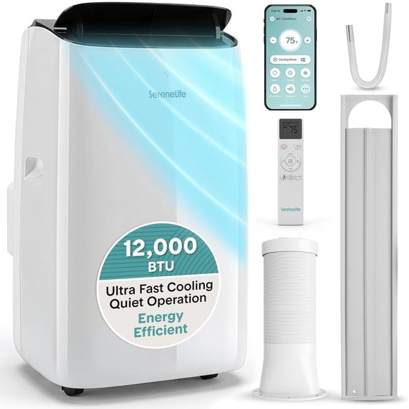SereneLife 12000 BTU Inverter Portable Air Conditioner with Wi-Fi – Dual Hose AC Unit with Dehumidifier, Fan Modes, Smart Control & Window Kit (White)