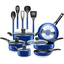 SereneLife 15-Piece Pots & Pans Basic Kitchen Cookware Black Non-Stick Coating Inside, (Blue)