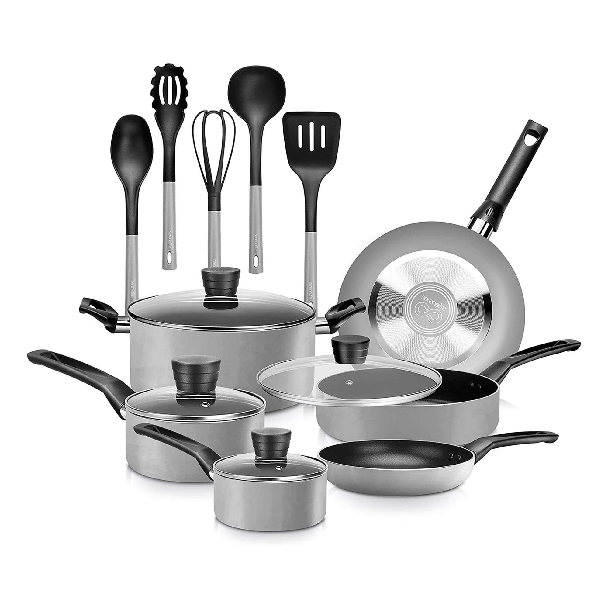 Serenelife 15 Piece Pots and Pans Non Stick Kitchenware Cookware Set, Black
