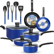 SereneLife 15 Piece Pots and Pans Non Stick Kitchenware Cookware Set, Blue