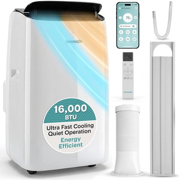 SereneLife 16000 BTU Inverter Portable Air Conditioner & Heater with Wi-Fi  Dual Hose AC Unit with Dehumidifier, Fan Modes, Window Kit & Smart Control (White)