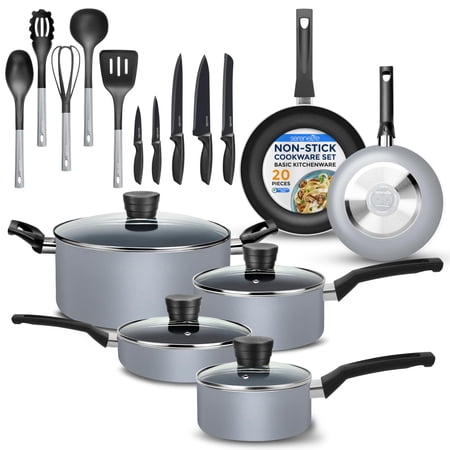 SereneLife 20-Piece Set Gray Kitchenware Pots & Pans Cookware, Black Non-Stick Coating Inside