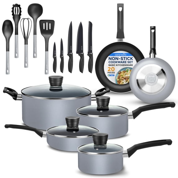 SereneLife 20-Piece Set Gray Kitchenware Pots & Pans Cookware, Black Non-Stick Coating Inside