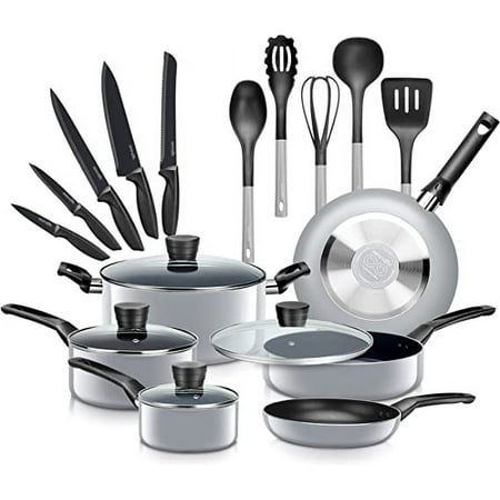SereneLife 20-Piece Set Gray Kitchenware Pots & Pans Cookware, Black Non-Stick Coating Inside