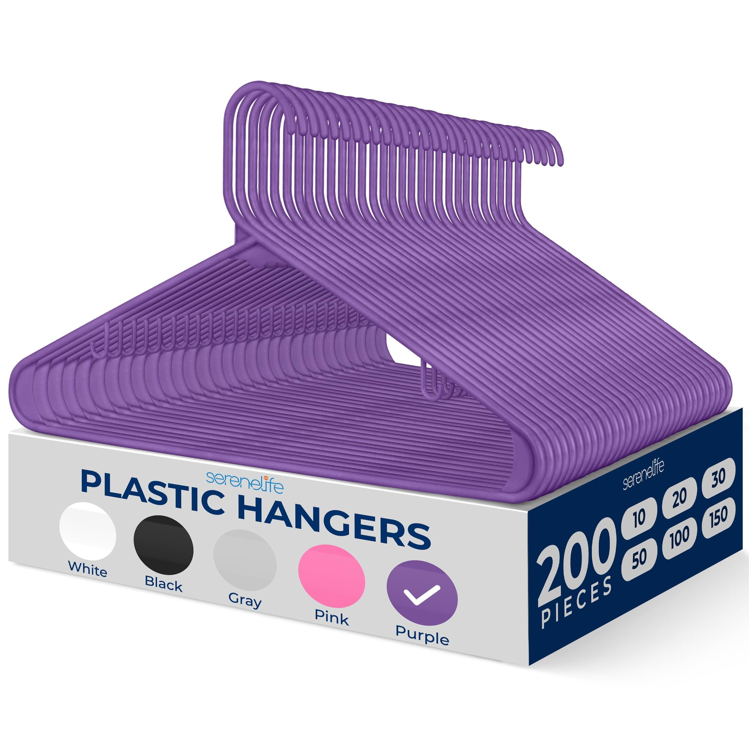 SereneLife 200 Pack Plastic Hangers, Non-Slip, Space-Saving Closet Organizers, Durable and Strong for Shirts, Sweaters, Hoodies, Kids Clothes & Dresses, Ultra-Thin, Lightweight