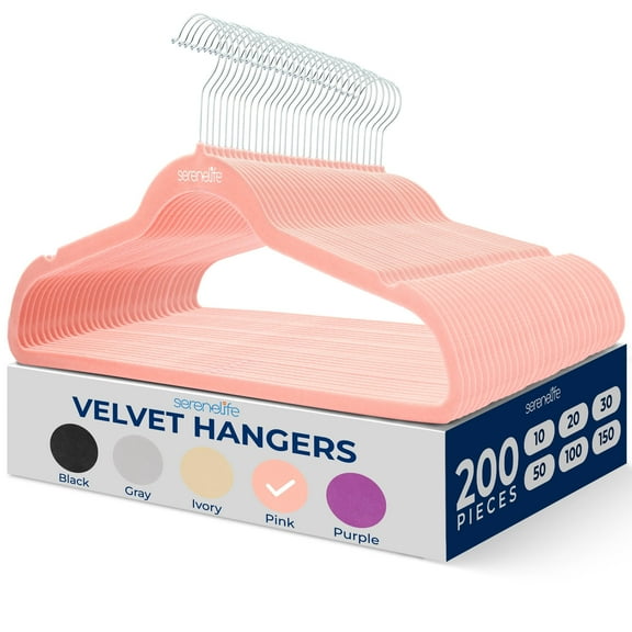 SereneLife 200 Pack Velvet Hangers - Non-Slip Felt Hangers with 360 Swivel Hook, Space-Saving, Ultra-Thin, Lightweight for Shirts, Sweaters, Hoodies, Kids Clothes & Dresses