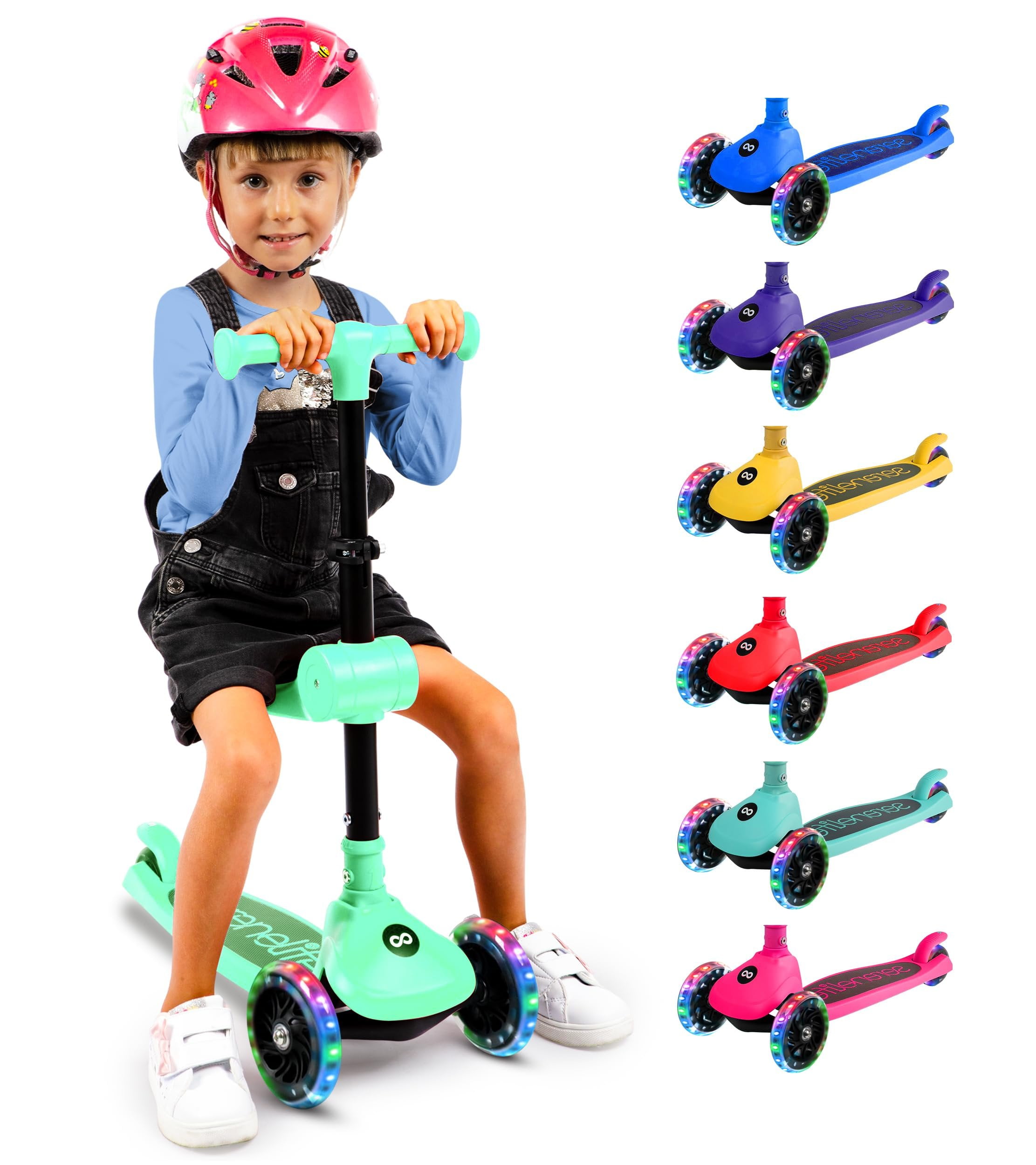 SereneLife 3-Wheel Foldable Kids Scooter  LED Wheel Lights, Adjustable Handlebar, Rear Foot Brake, Lean-to-Steer, Anti-Slip Deck  Ideal for Toddlers & Kids 2+, up to 110 lbs