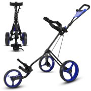 SereneLife 3-Wheel Golf Push Cart - Lightweight Folding Walking Roller Trolley Bag Storage, Upper & Lower Bracket w/Elastic Strap, Foam Handle Grip, Scorecard Holder, Foot Brake, 33Lb Max Load