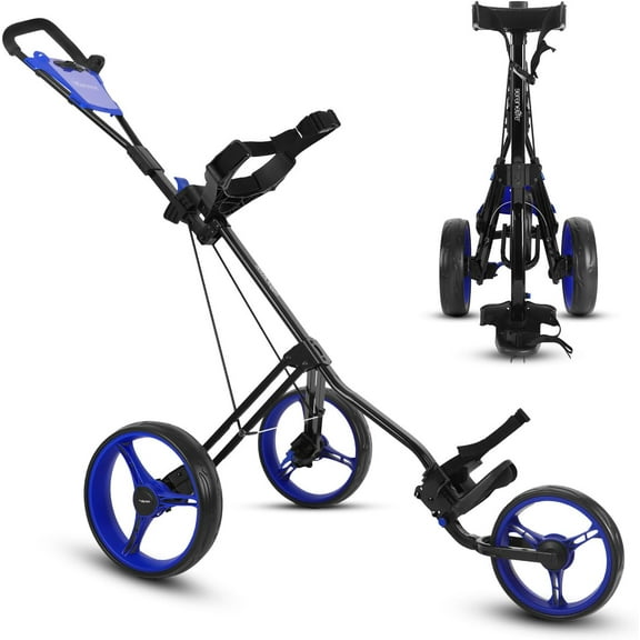 SereneLife 3-Wheel Golf Push Cart - Lightweight Folding Walking Roller Trolley Bag Storage, Upper & Lower Bracket w/Elastic Strap, Foam Handle Grip, Scorecard Holder, Foot Brake, 33Lb Max Load