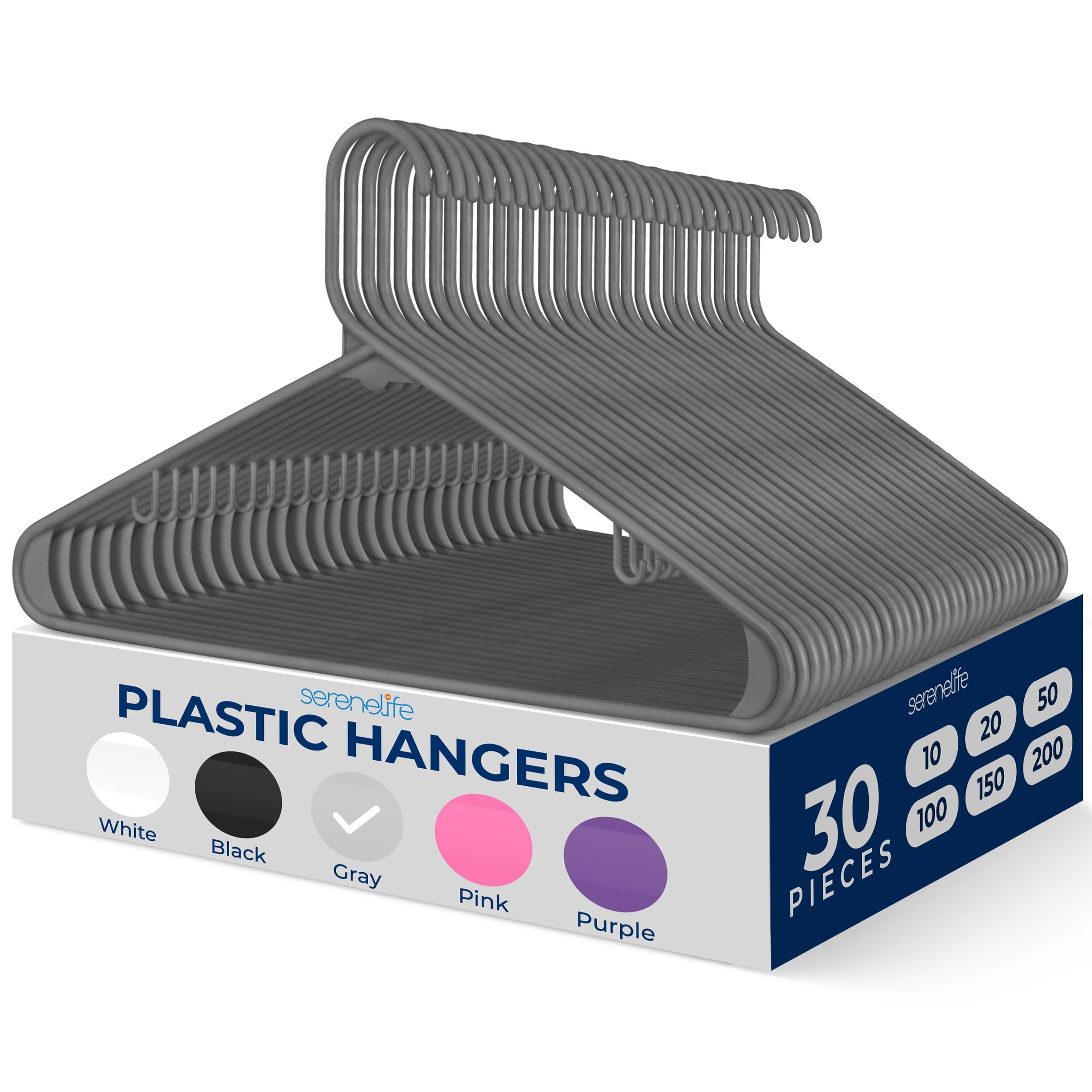 SereneLife 30 Pack Plastic Hangers, Non-Slip, Space-Saving Closet Organizers, Durable and Strong for Shirts, Sweaters, Hoodies, Kids Clothes & Dresses, Ultra-Thin, Lightweight