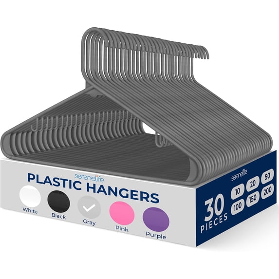 SereneLife 30 Pack Plastic Hangers, Non-Slip, Space-Saving Closet Organizers, Durable and Strong for Shirts, Sweaters, Hoodies, Kids Clothes & Dresses, Ultra-Thin, Lightweight