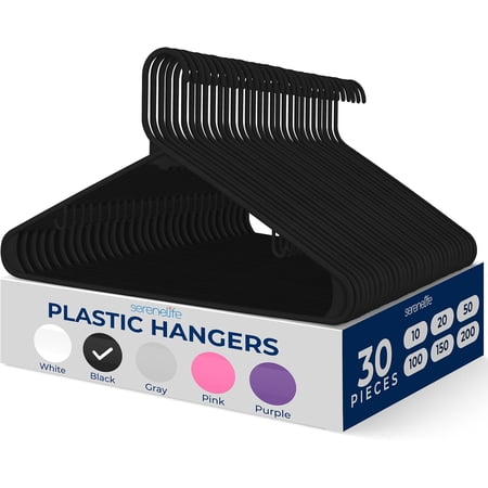 SereneLife 30 Pieces Plastic Hangers - Space Saving, Heavy Duty, Slim, Clothes Hanger Set, Ideal for Laundy/Daily Use, Can Hold Up to 5.5 Lbs. for Coats, Jackets, Pants & Dress (Black)