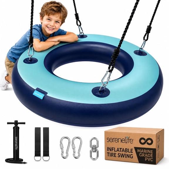 SereneLife 36 Inflatable Tire Swing with Hang Kit, 600lbs Capacity Heavy Duty Tire Swing with UV and Puncture Resistance, 360 Swivel, Hand Pump, Adjustable Ropes, Carry Bag, Hangs on Trees and Posts