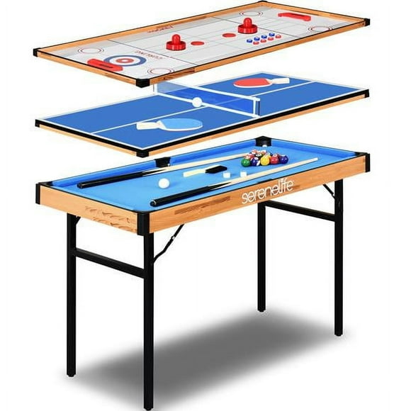 SereneLife 4 in 1 Multi Game Table, 4x2 Folding Portable Sports Arcade Games with Accessories, Ping Pong, Air Hockey, Pool Billiards, & Shuffleboard, Multi-color, Full size (SLMTGTBL22)