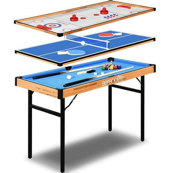 SereneLife 4 in 1 Multi Game Table, 4’x2’ Folding Portable Sports Arcade Games with Accessories, Ping Pong, Air Hockey, Pool Billiards, & Shuffleboard, Multi-color, Full size (SLMTGTBL22)