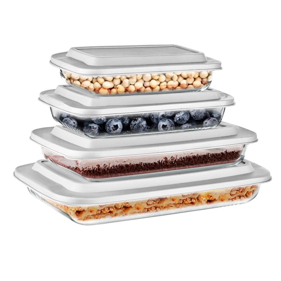 SereneLife 4 Sets of High Borosilicate Rectangular Glass Bakeware W/ PE Lid, Heat-Resistant, White