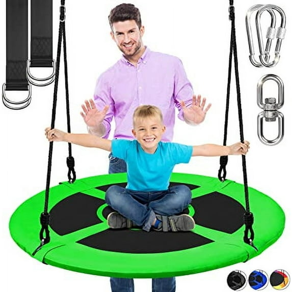 SereneLife 40” Flying Saucer Swing with Hang Kit and Center Spinner, Hanging Tree Round Circular Play Set w/ Rope Straps, Cushion Padded Metal Frame, Polyester Fabric Seat, for Kids & Adult