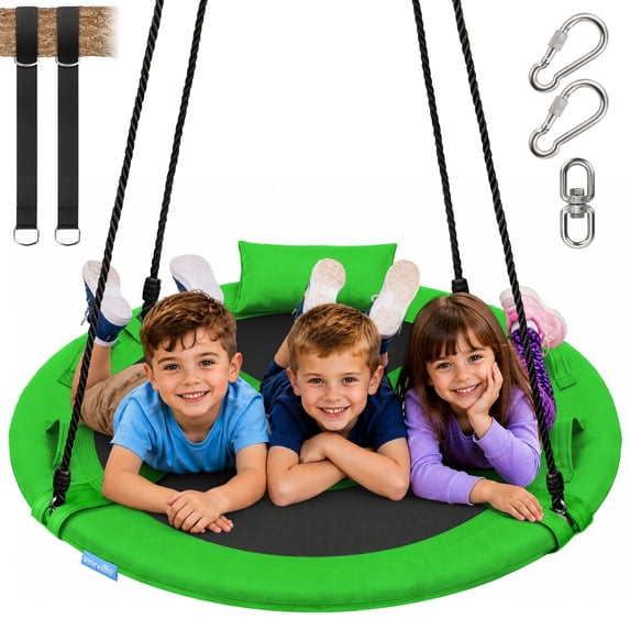 SereneLife 40” Flying Saucer Swing with Hang Kit and Center Spinner, Hanging Tree Round Circular Play Set w/ Rope Straps, Cushion Padded Metal Frame, Polyester Fabric Seat, for Kids & Adult