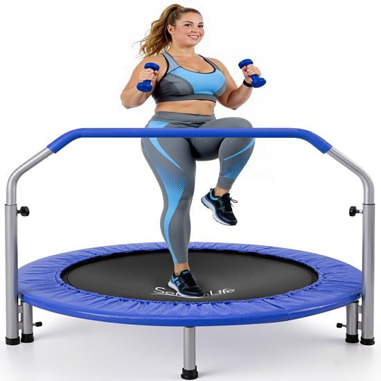 SereneLife Portable & Foldable Trampoline - 40" in-Home Mini Rebounder with Adjustable Handrail, Fitness Body Exercise - SLSPT409, Blue