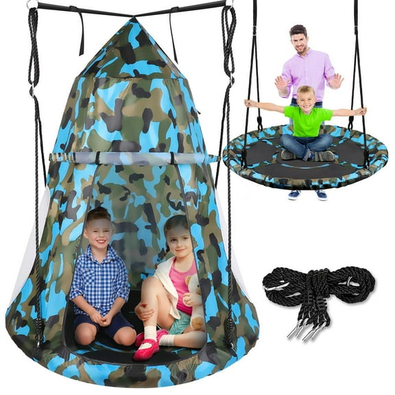 SereneLife 40" Kids Hanging Tent Swing, Outdoor Saucer Swing with Hanging Kit & Swivel Spinner, Durable Play Swing for Backyard, Tree or Playset, Cammo