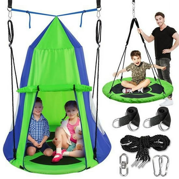 SereneLife 40" Kids Hanging Tent Swing, Outdoor Saucer Swing with Hang Kit made with Nylon.