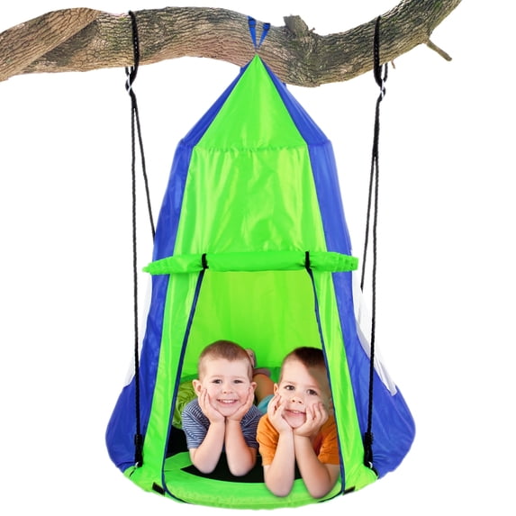SereneLife 40" Kids Hanging Tent Swing, Outdoor Saucer Swing with Rope Straps (Green)