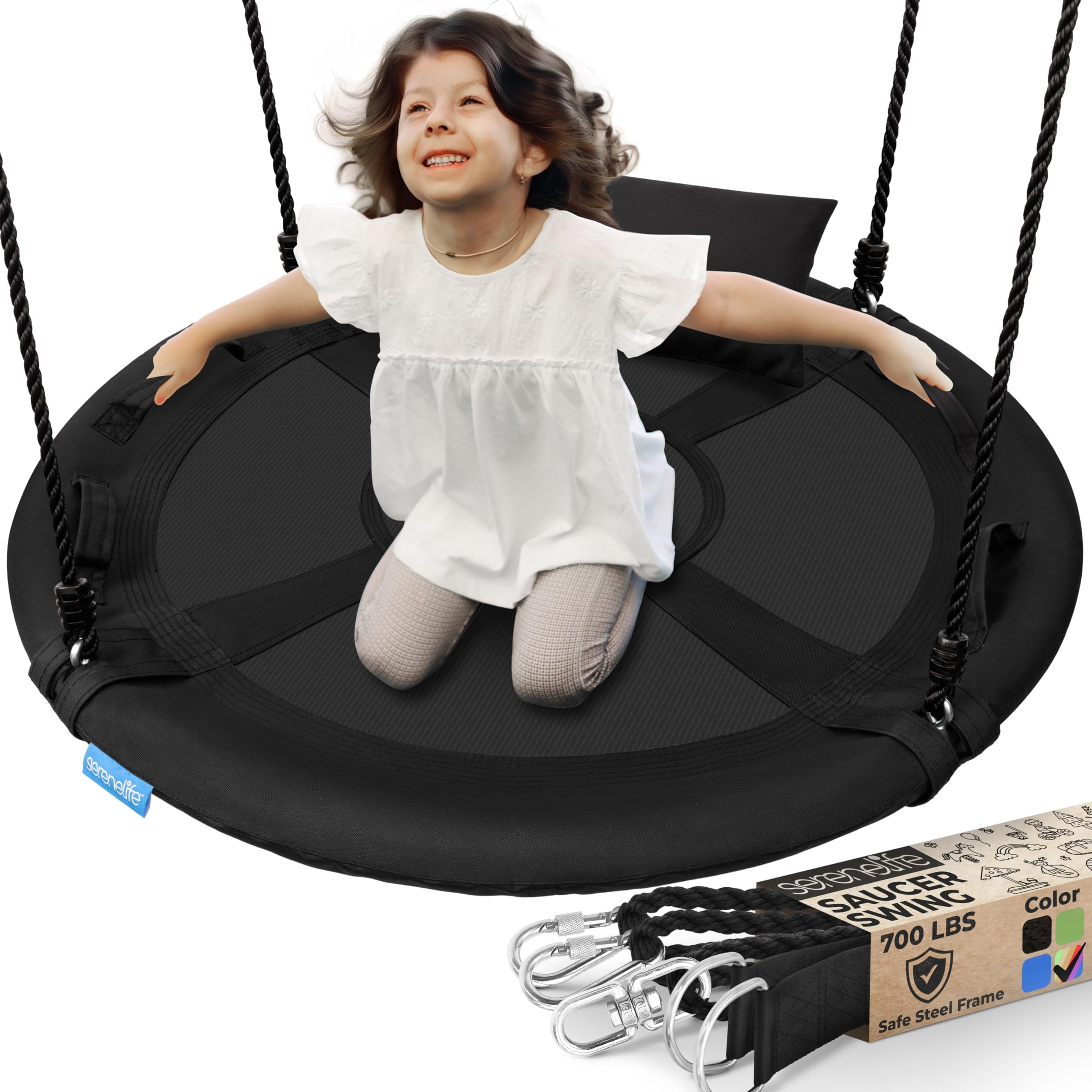 Black 40" Weatherproof Outdoor Saucer Swing with Handles and Pillow