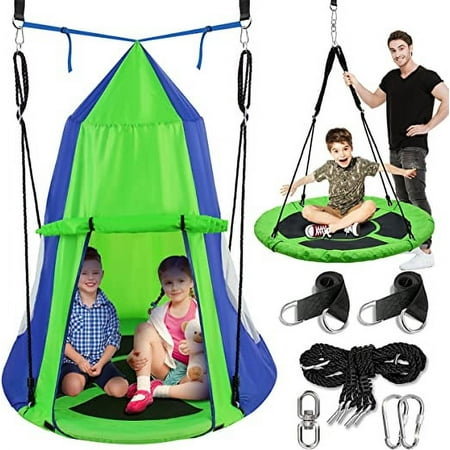 SereneLife 40” Tree Play Tent Hangout for Kids Indoor Outdoor Flying Saucer Floating Swing (Green)