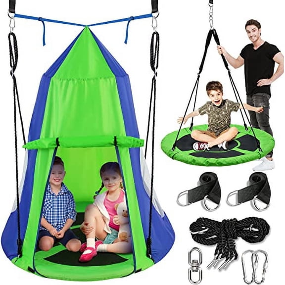 SereneLife 40 Tree Play Tent Hangout for Kids Indoor Outdoor Flying Saucer Floating Swing (Green)