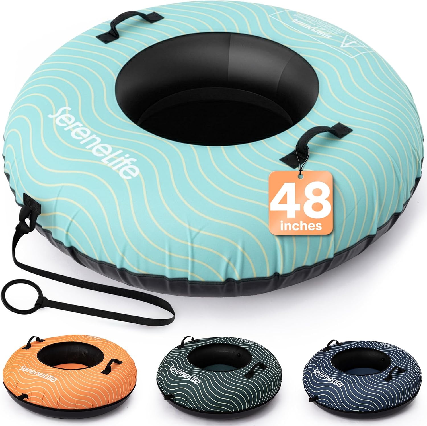 SereneLife 48'' Inflatable Snow Tube for Sledding – Heavy-Duty Inner Tube with Oxford Cover, Thick PVC Bottom & Tow Strap – Durable Snow Sled for Kids & Adults, Perfect Winter Outdoor Fun Gift