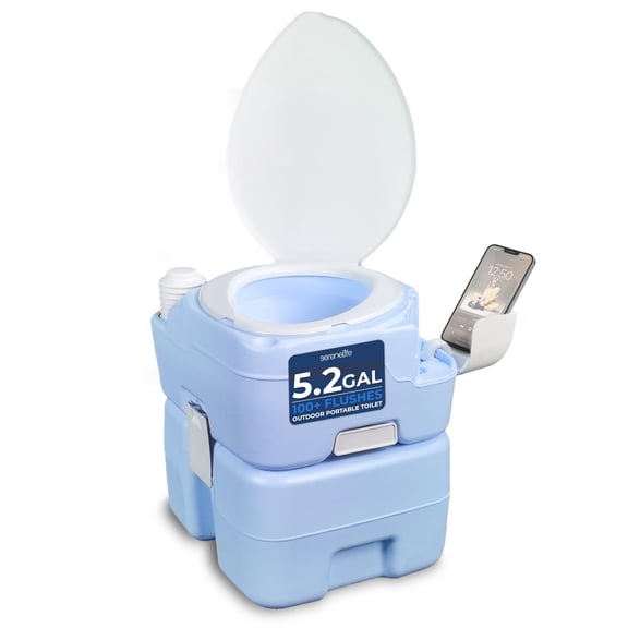 SereneLife 5.2 Gallon Portable Camping Toilet, 120 Flushes with Plastic Funnel, Hand Spray, Diagonal Seat and Mobile Holder, Portable Potty for Camping, Hiking, Roadtrip, Car, Tent