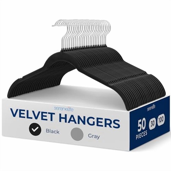 SereneLife 50-Piece Shirt Hangers, Premium Non-Slip Velvet Hangers Pack with 360° Swivel Hooks, Slim Space-Saving Design for Tops, Jackets, Blouses, & Strappy Dresses, Supports 8 lbs, (Black)