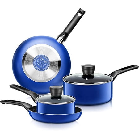 SereneLife 6-Piece Set Black Non-Stick Coating Inside Pots & Pans Basic Kitchen Cookware, Blue
