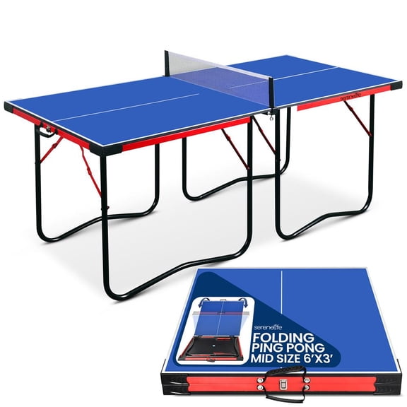 SereneLife 6' x 3' Midsize Foldable Ping Pong Table Set  Portable Space-Saving Table Tennis with Net, Post & Clipper, Blue