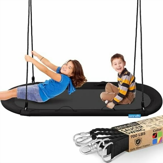SereneLife 67" Oval Saucer Swing - Giant Outdoor Swing Set with Universal Hanging Kit, Swinging Seat Spinner with Pillow & Carry Bag, Weatherproof, Water-Resistant, Supports Up to 700 lbs, Black