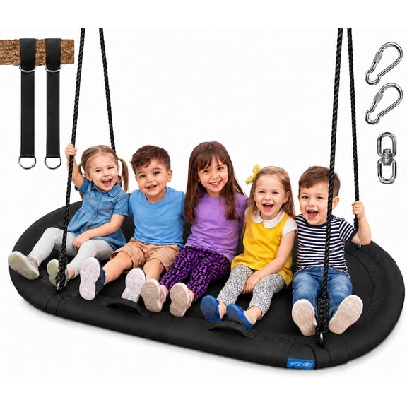 SereneLife 67" Oval Saucer Swing - Giant Outdoor Swing Set with Universal Hanging Kit, Swinging Seat Spinner with Pillow & Carry Bag, Weatherproof, Water-Resistant, Supports Up to 700 lbs, Black