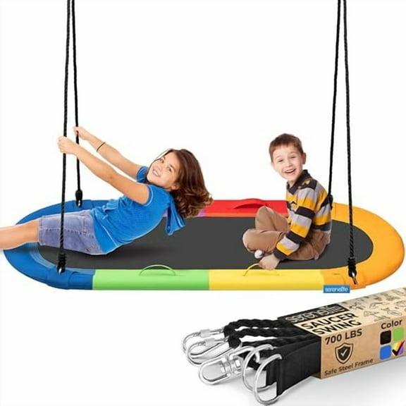 SereneLife 67" Oval Saucer Swing - Giant Outdoor Swing Set with Universal Hanging Kit, Swinging Seat Spinner with Pillow & Carry Bag, Weatherproof, Water-Resistant, Supports Up to 700 lbs, Rainbow